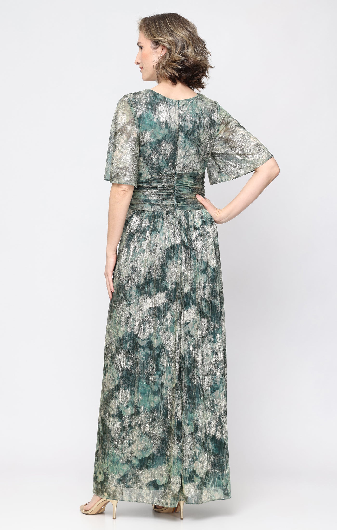 Long Surplice Dress with Ruched Waist and Flutter Sleeves