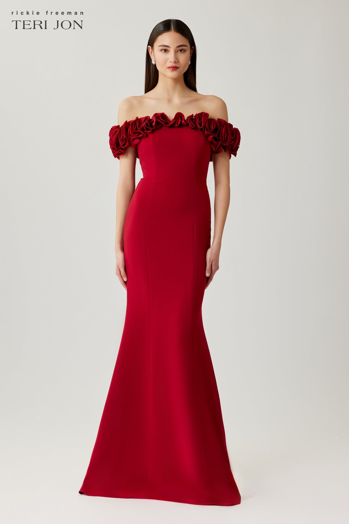 Crepe Organza Off Shoulder Rosette Bodice Gown
