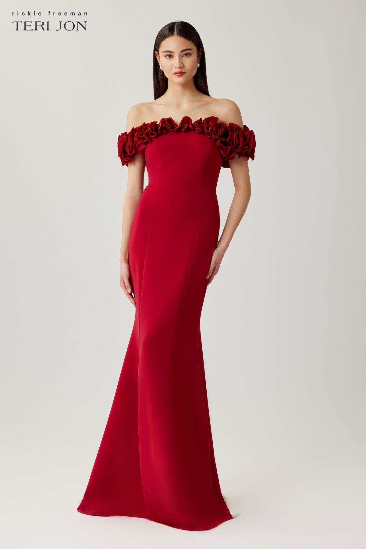 Crepe Organza Off Shoulder Rosette Bodice Gown