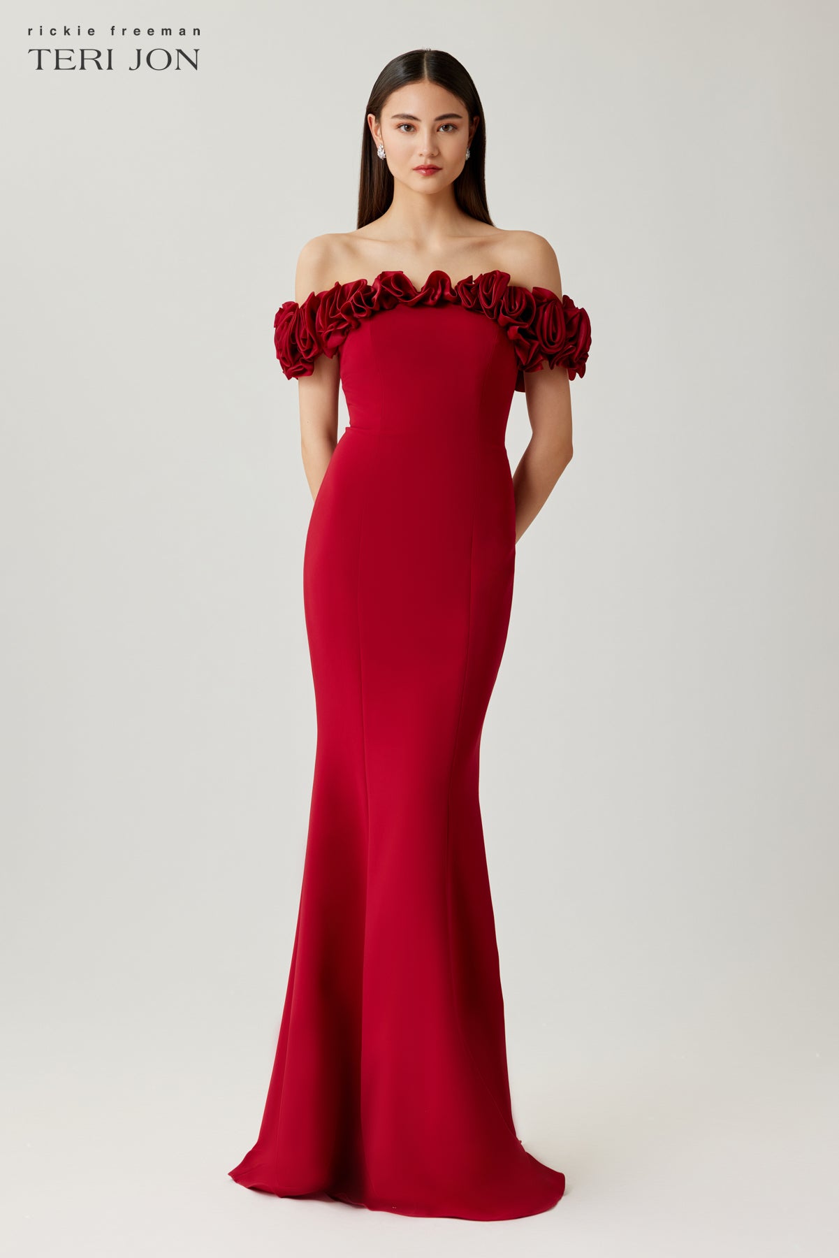 Crepe Organza Off Shoulder Rosette Bodice Gown