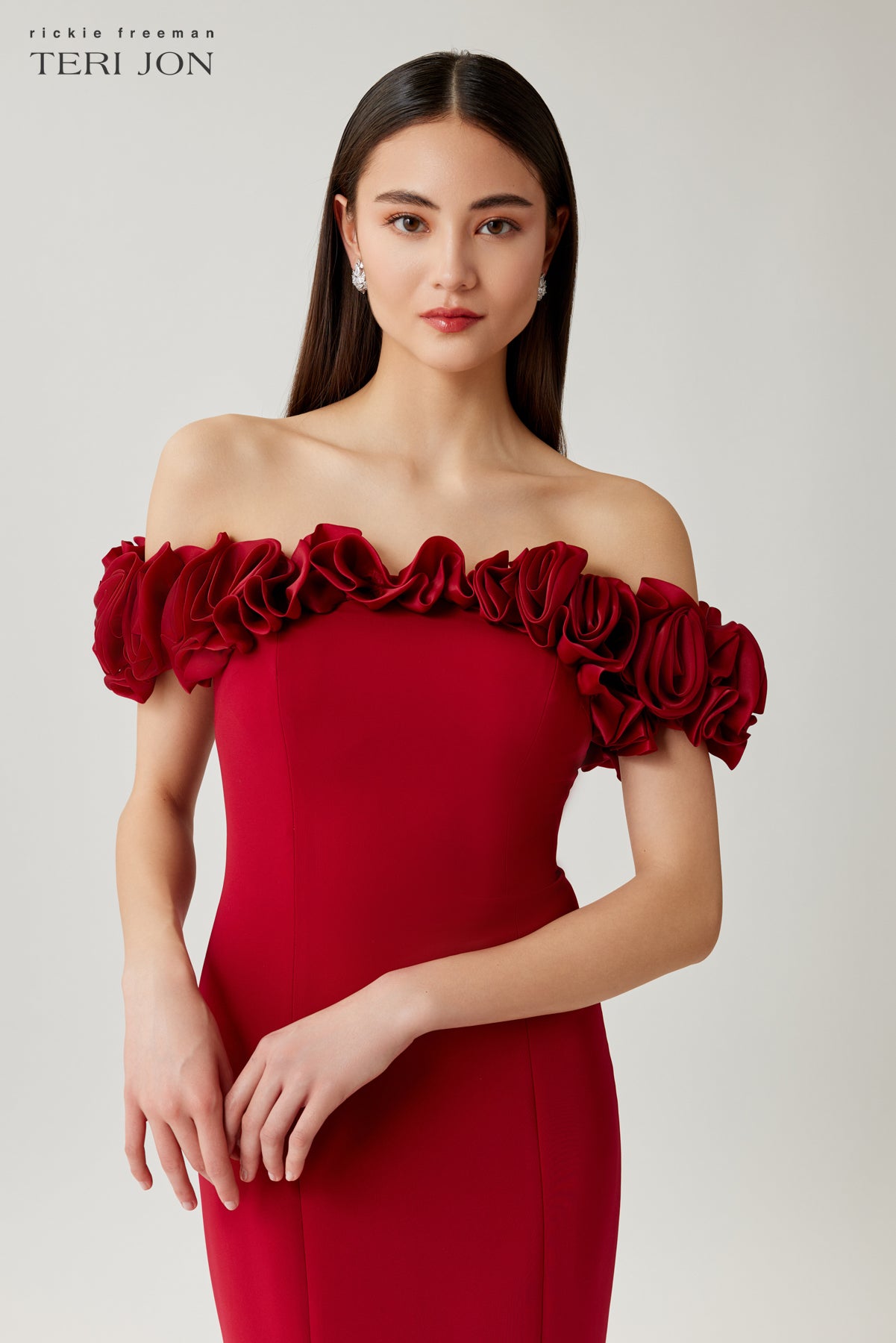 Crepe Organza Off Shoulder Rosette Bodice Gown