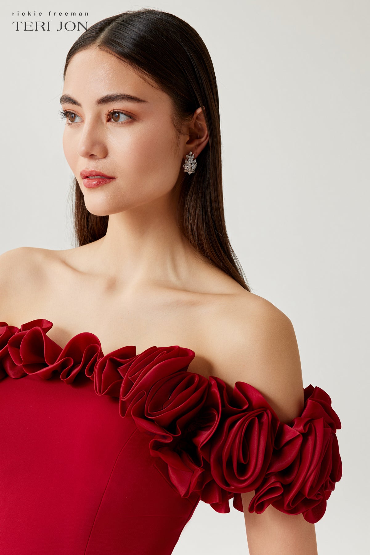 Crepe Organza Off Shoulder Rosette Bodice Gown