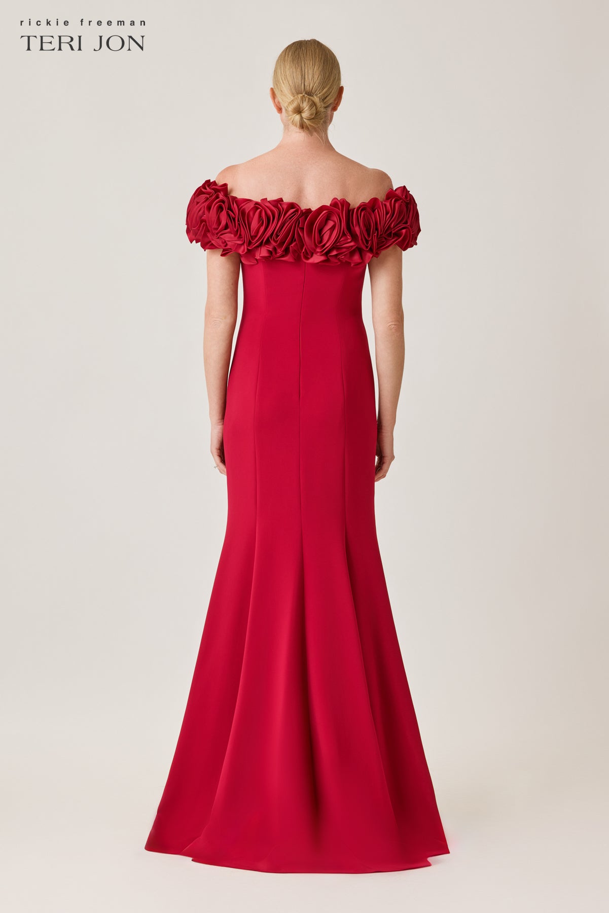 Crepe Organza Off Shoulder Rosette Bodice Gown