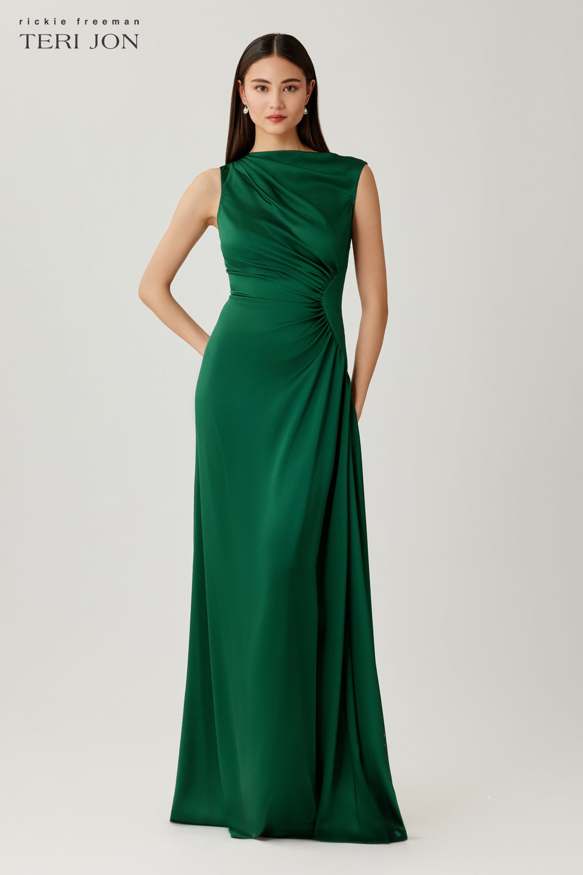 Hammer Satin Shirred Side Ruched Gown
