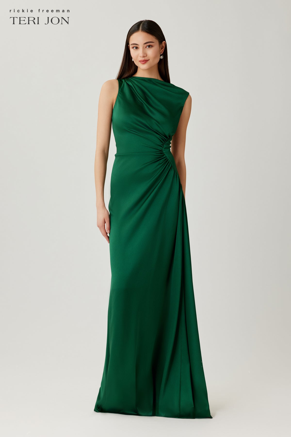 Hammer Satin Shirred Side Ruched Gown