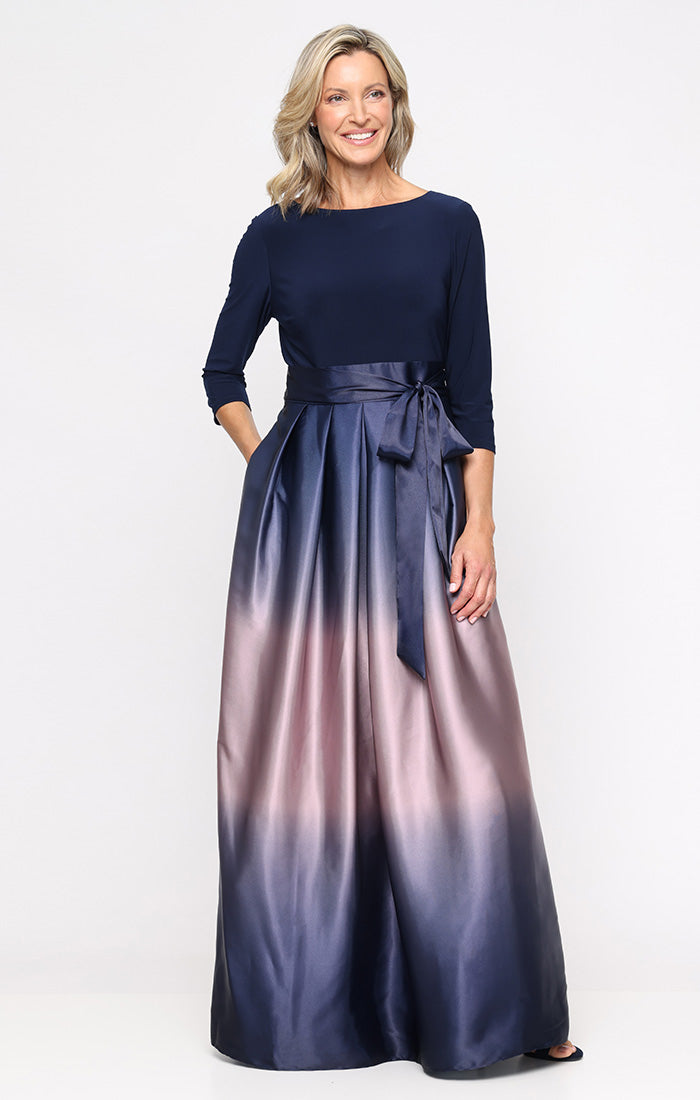 Petite 3/4 Sleeve Matte Jersey & Ombre Satin Ballgown