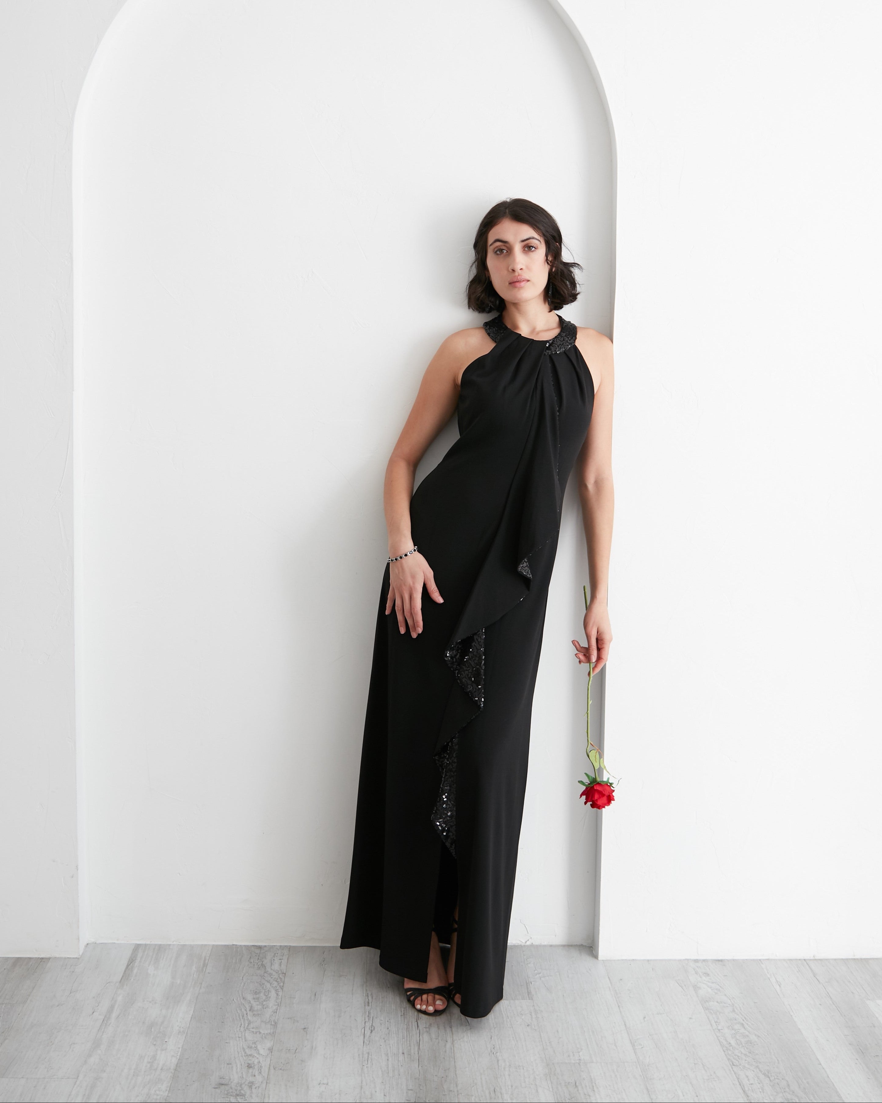 Halter Neckline Crepe Gown with Sequin Cascade Ruffle Detail