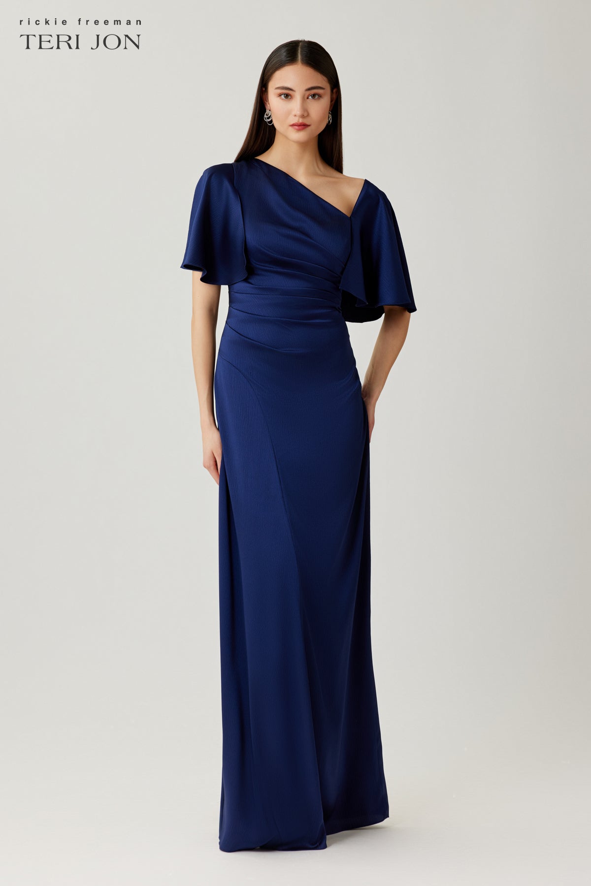 Satin Shirred Flyaway Sleeve Evening Gown