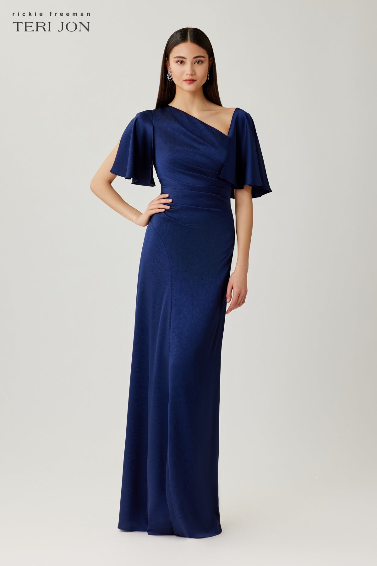 Satin Shirred Flyaway Sleeve Evening Gown