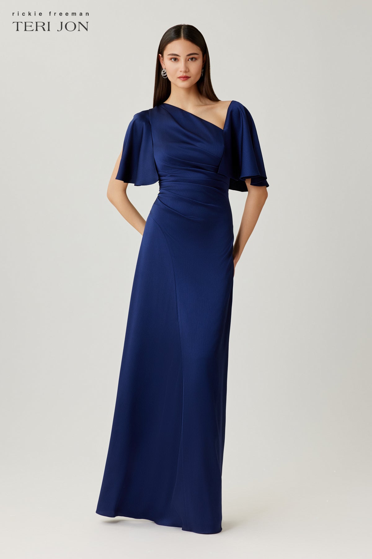 Satin Shirred Flyaway Sleeve Evening Gown