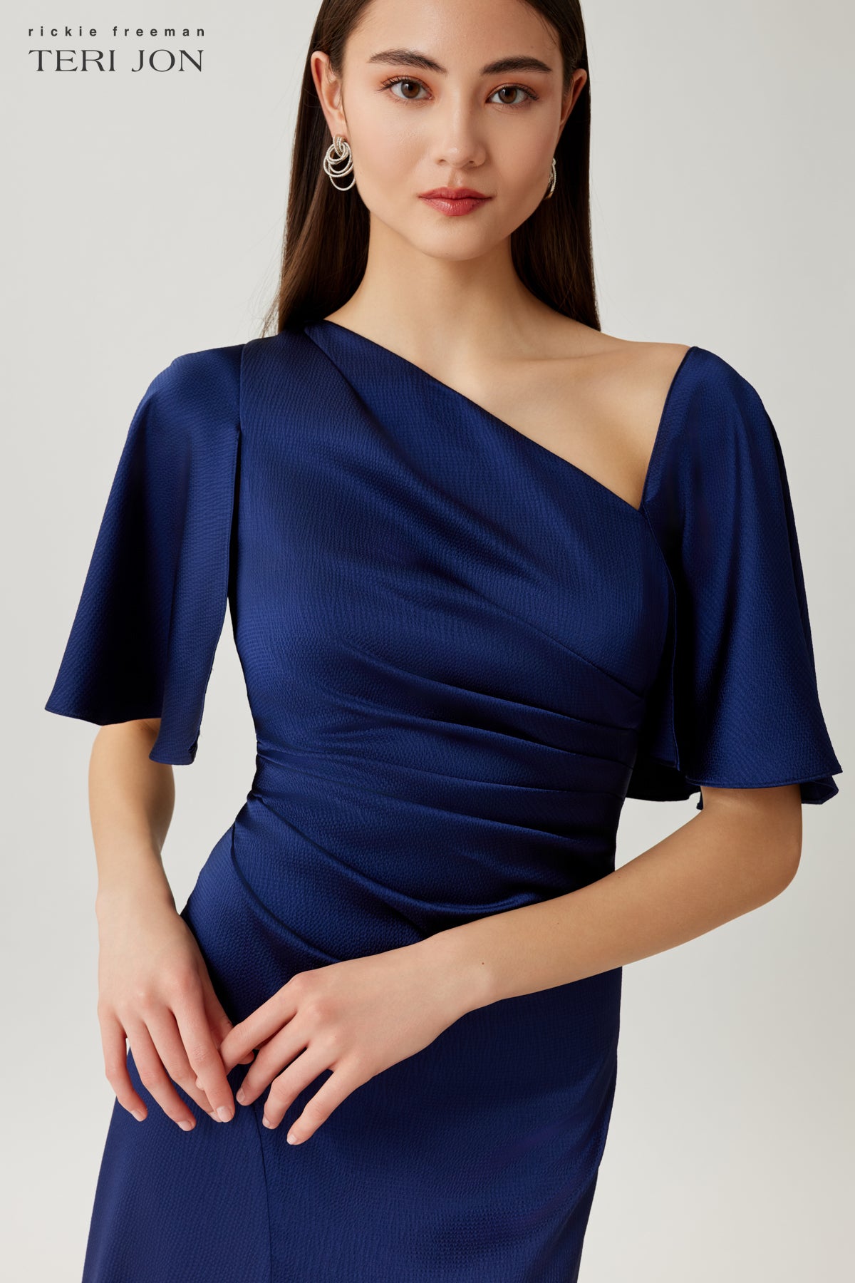 Satin Shirred Flyaway Sleeve Evening Gown
