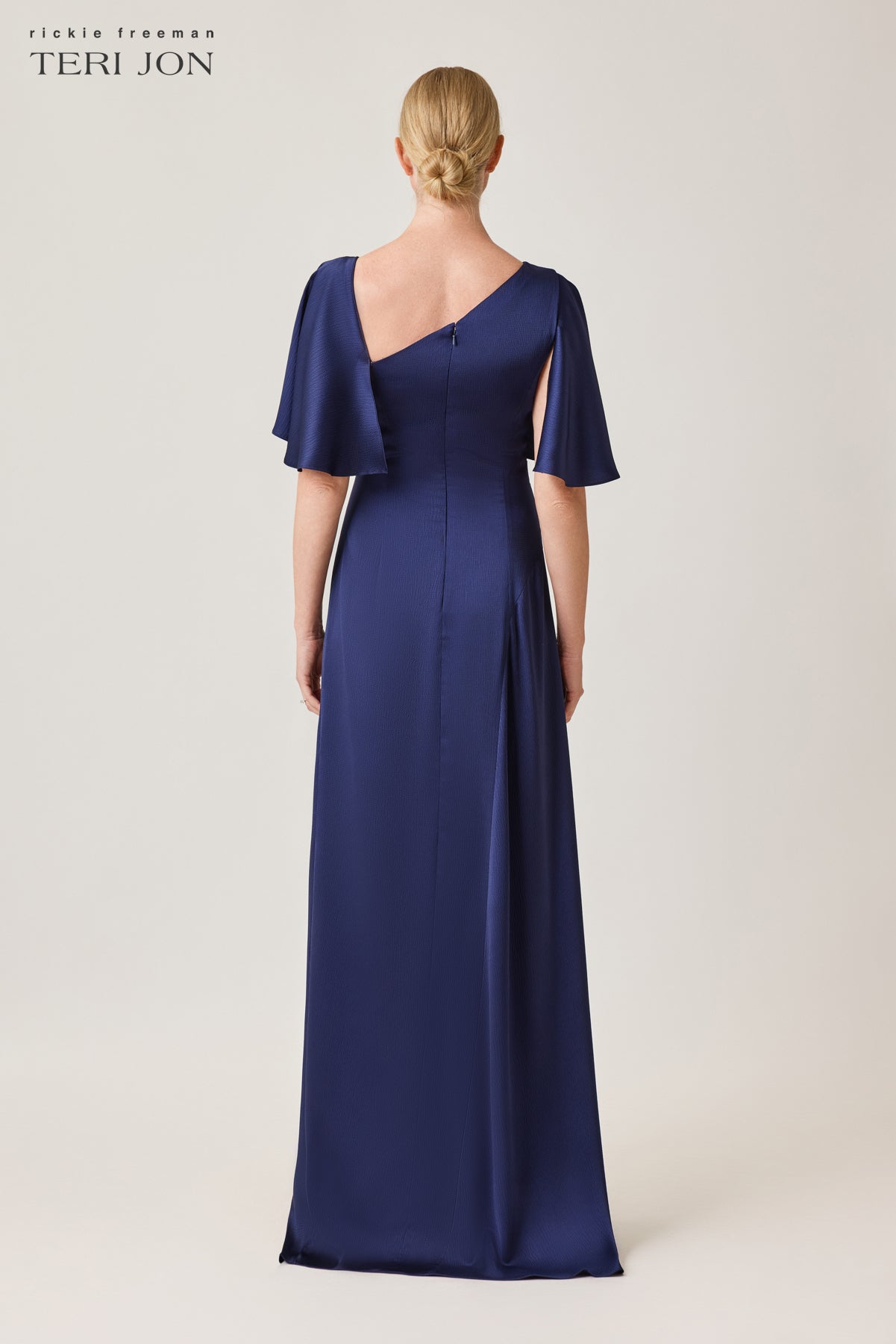 Satin Shirred Flyaway Sleeve Evening Gown