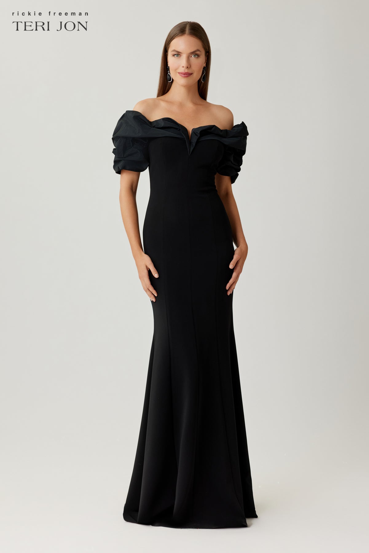Crepe Taffeta Off Shoulder Ruched Bodice Gown