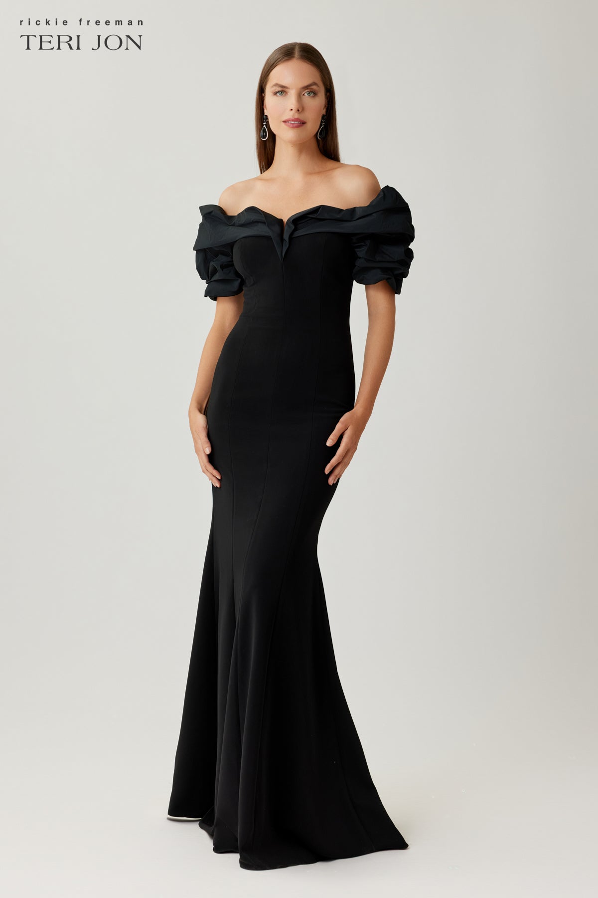 Crepe Taffeta Off Shoulder Ruched Bodice Gown