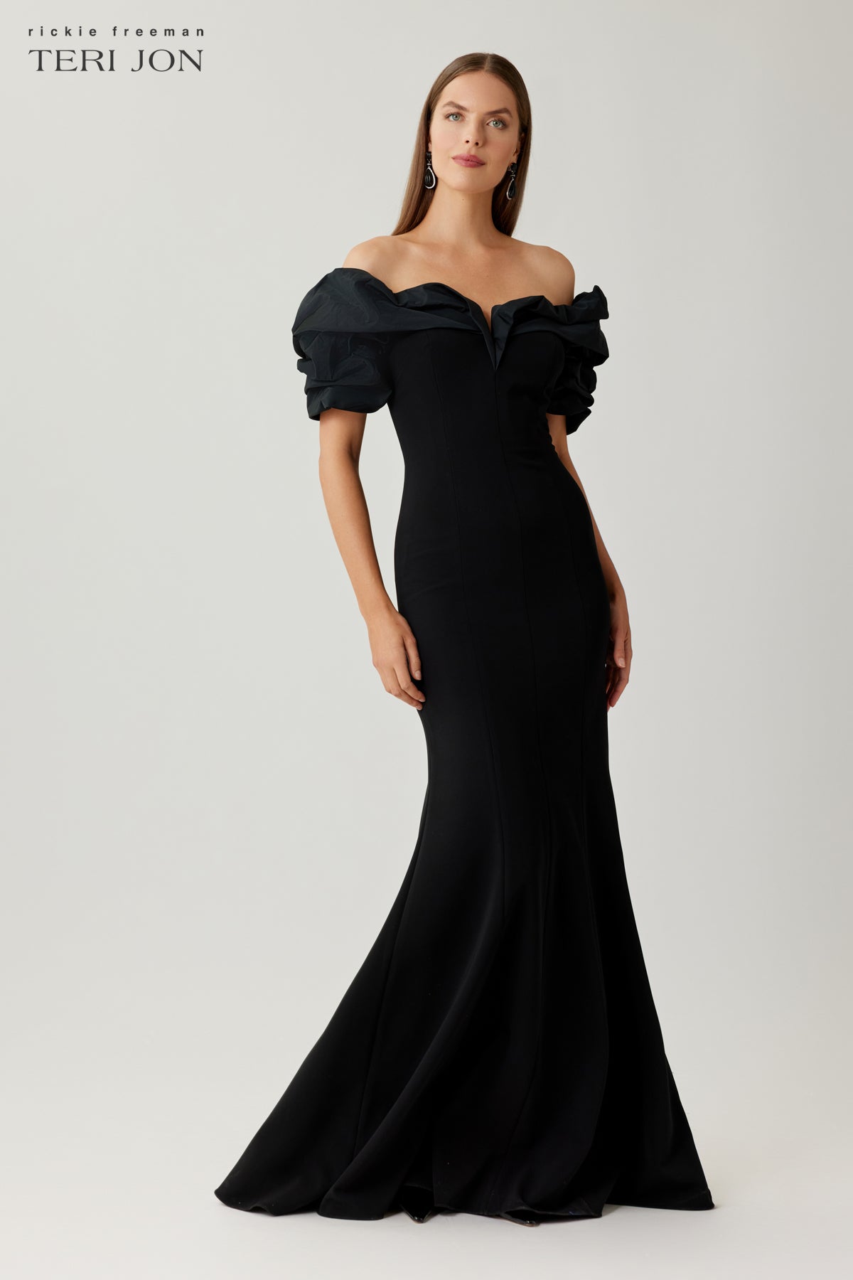 Crepe Taffeta Off Shoulder Ruched Bodice Gown