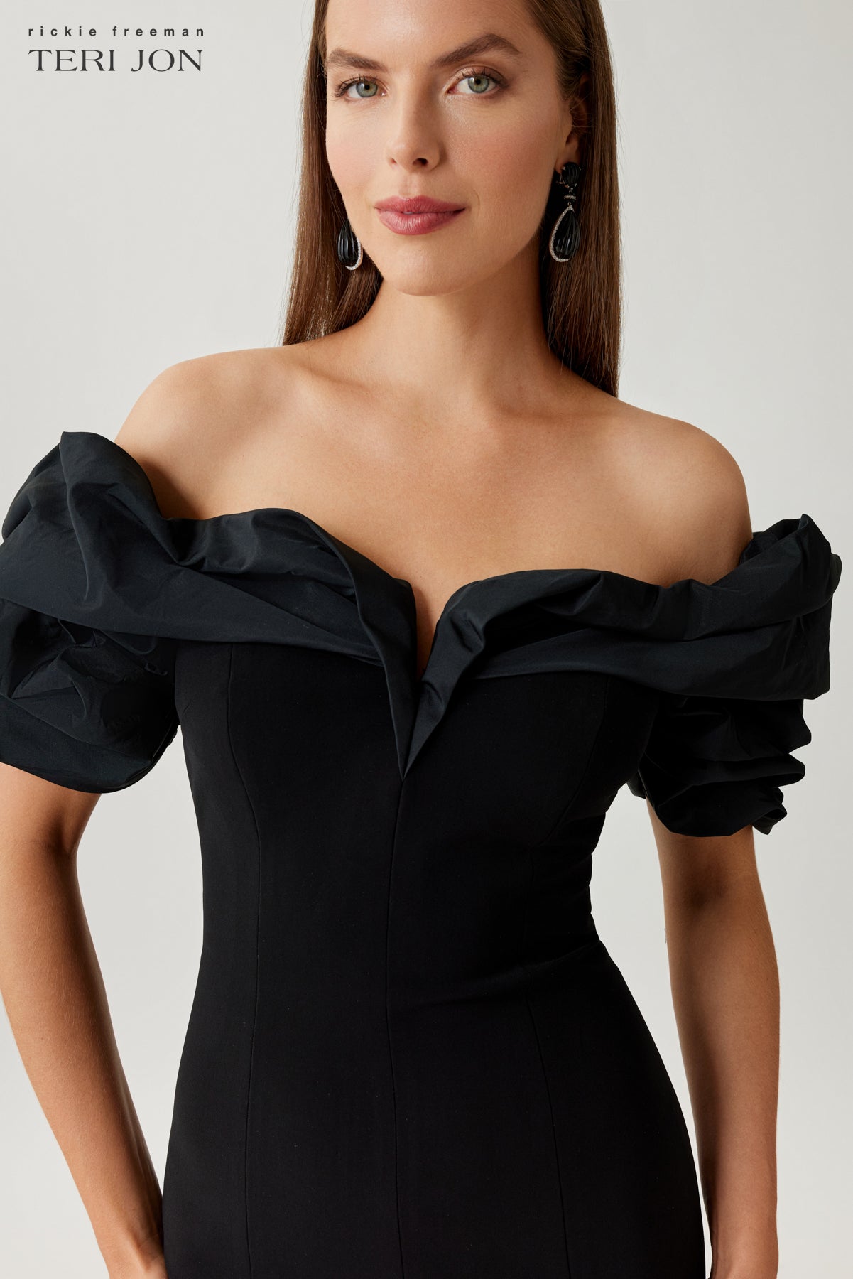 Crepe Taffeta Off Shoulder Ruched Bodice Gown