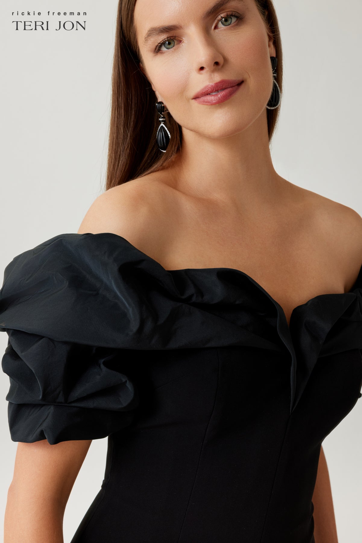 Crepe Taffeta Off Shoulder Ruched Bodice Gown