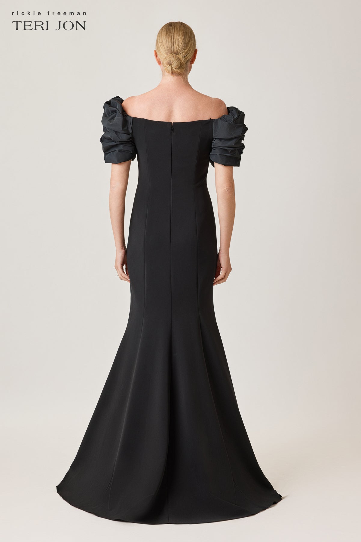 Crepe Taffeta Off Shoulder Ruched Bodice Gown