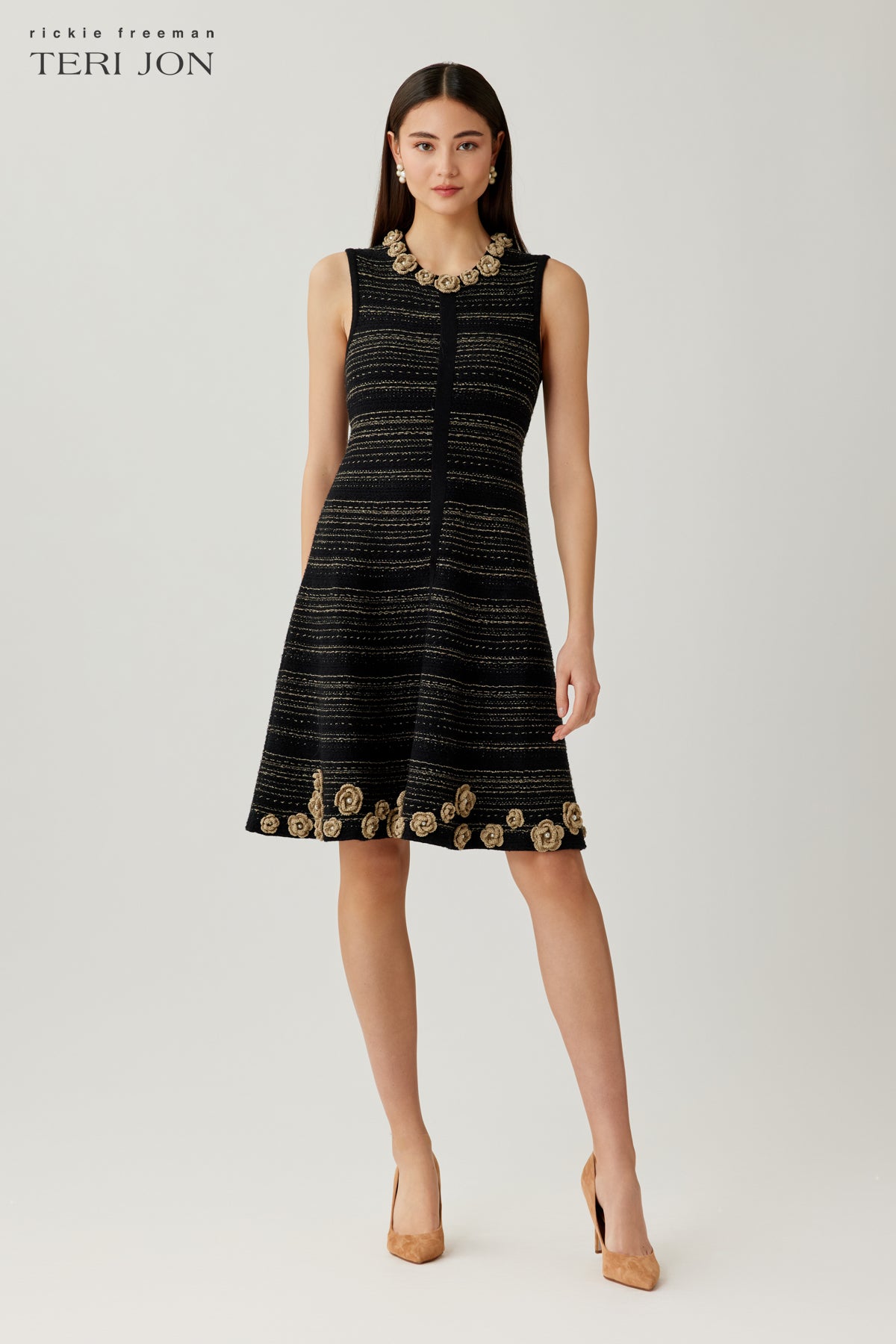 Embellished Boucle Knit Fit And Flare Dress