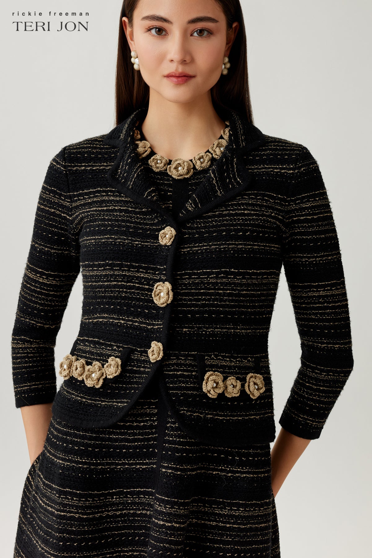 Floral Trim Boucle Knit Jacket