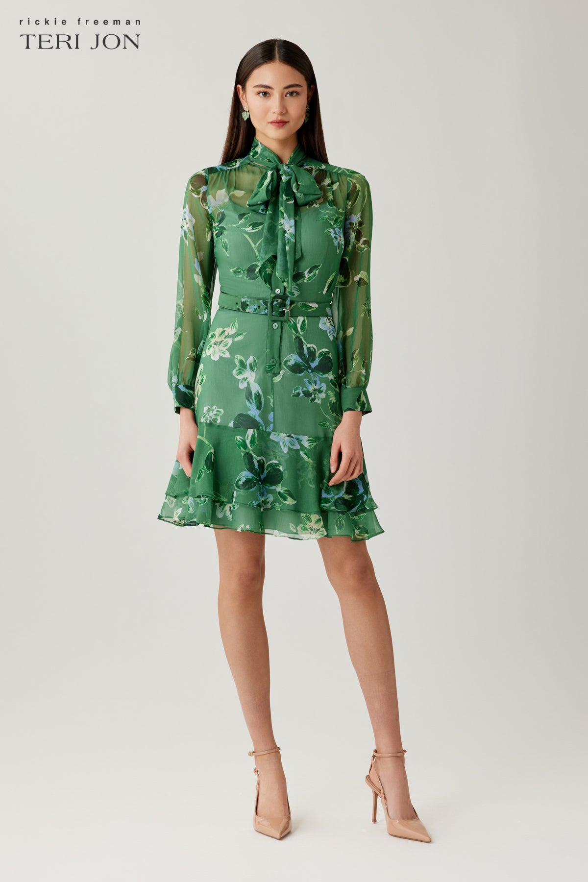 Chiffon Floral Tie Neck Tiered Dress