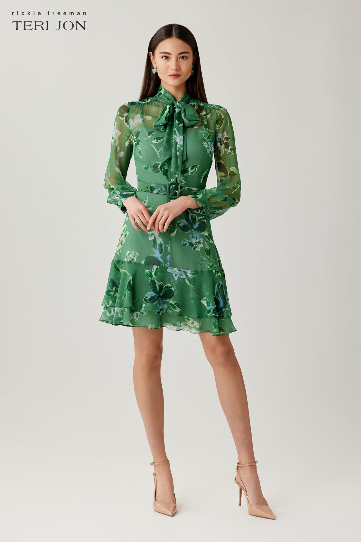 Chiffon Floral Tie Neck Tiered Dress