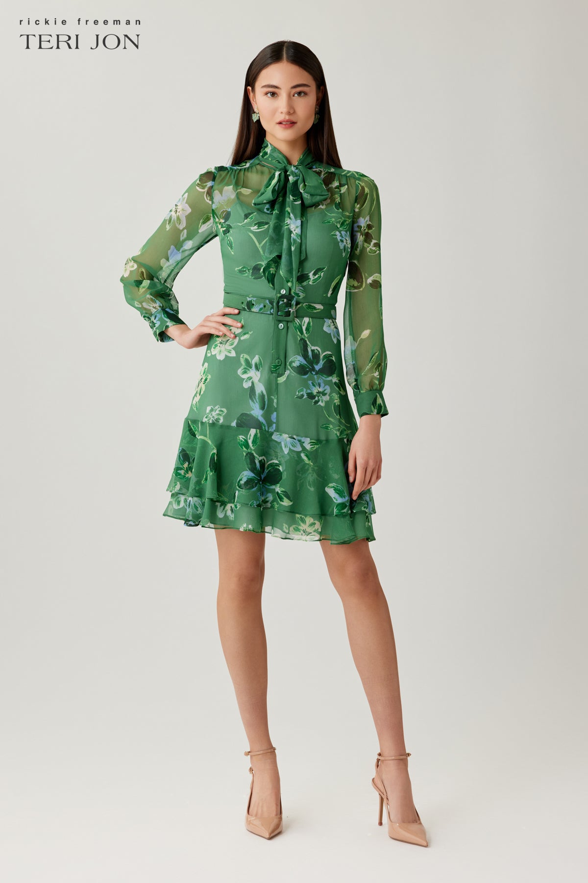 Chiffon Floral Tie Neck Tiered Dress