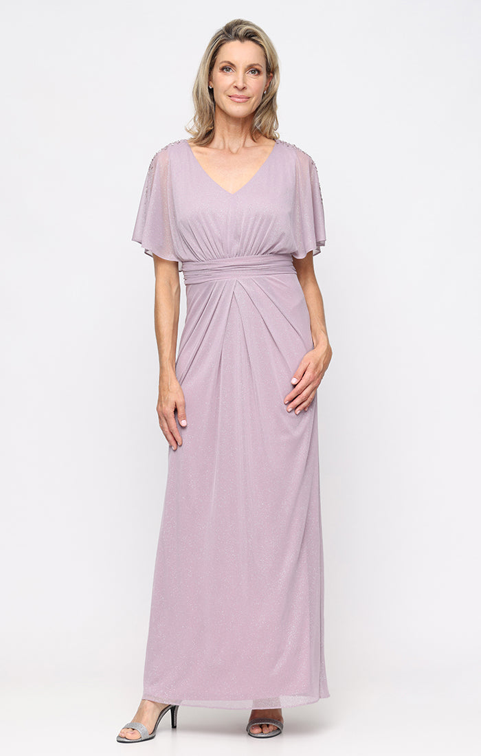 Petite V-Neck Glitter Mesh Dress Ruched Waist and Flutter Capelet Sleeves