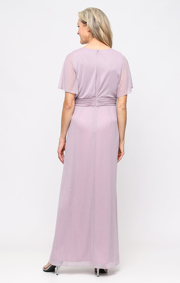 Petite V-Neck Glitter Mesh Dress Ruched Waist and Flutter Capelet Sleeves